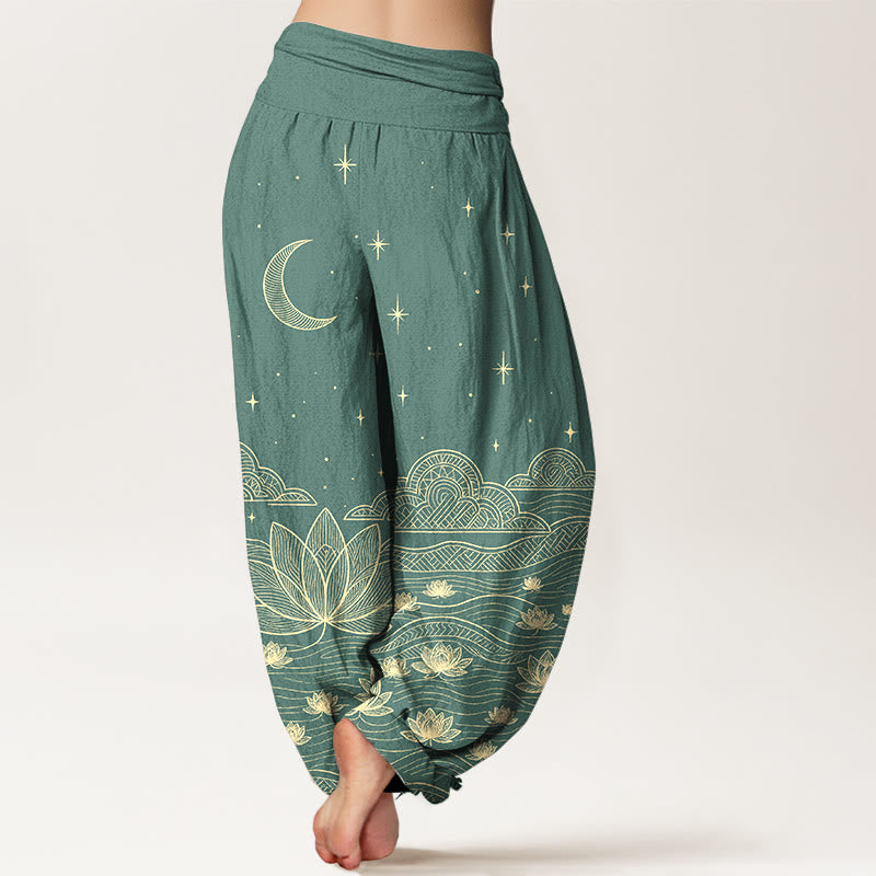 Nimara Ritual Pure Cotton Elegant Moon Star Cloud Lotus Flower Water Ripple Pattern Women's Elastic Waist Harem Pants