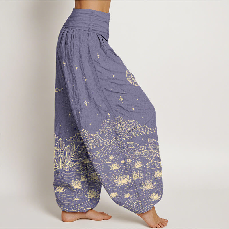 Nimara Ritual Pure Cotton Elegant Moon Star Cloud Lotus Flower Water Ripple Pattern Women's Elastic Waist Harem Pants