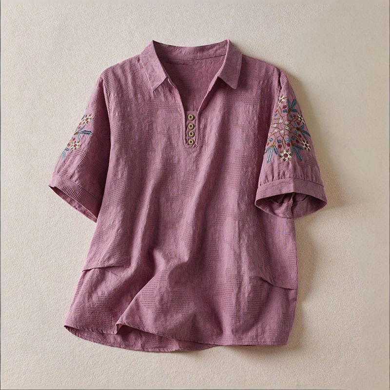 Nimara Ritual Casual Floral Pattern Lapel Women's Cotton T-shirt