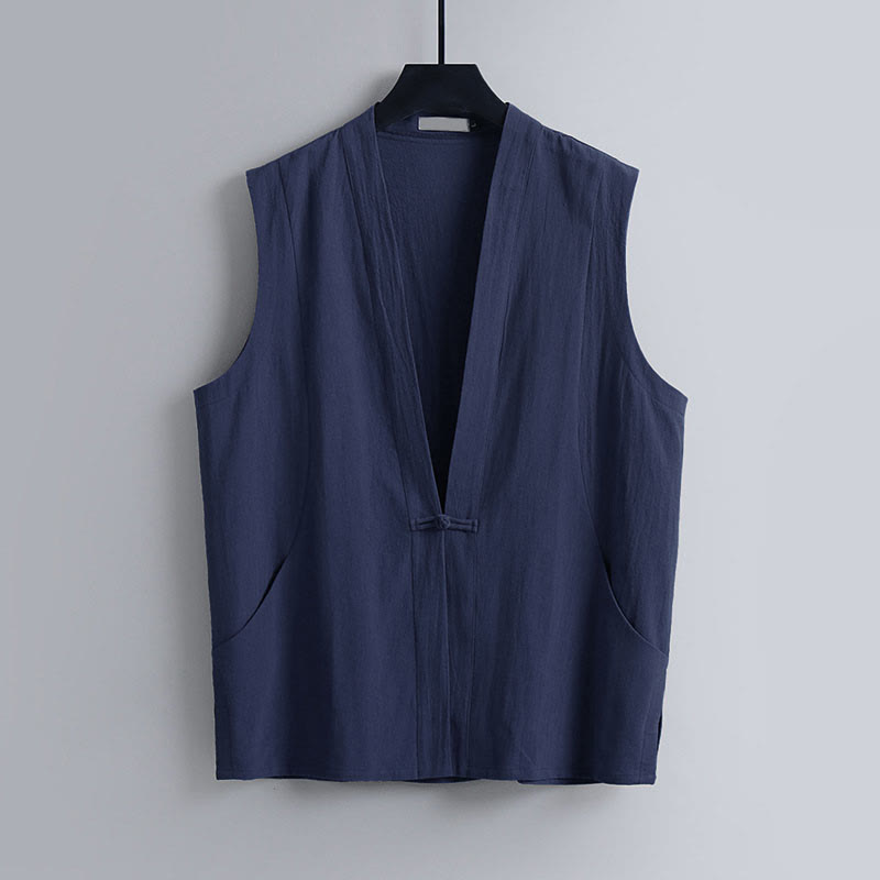 Nimara Ritual Summer Solid Color V-Neck Frog-Button Sleeveless Men's Cotton Linen Vest