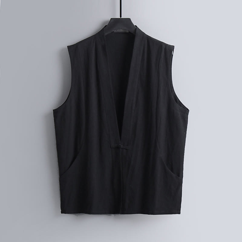 Nimara Ritual Summer Solid Color V-Neck Frog-Button Sleeveless Men's Cotton Linen Vest