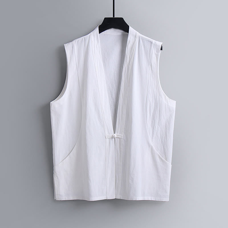 Nimara Ritual Summer Solid Color V-Neck Frog-Button Sleeveless Men's Cotton Linen Vest