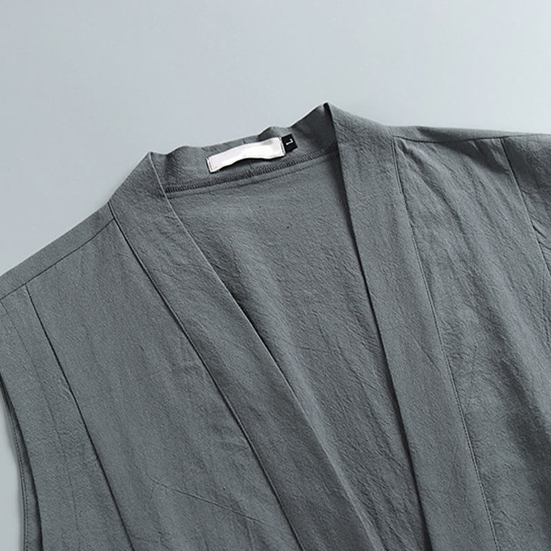 Nimara Ritual Summer Solid Color V-Neck Frog-Button Sleeveless Men's Cotton Linen Vest
