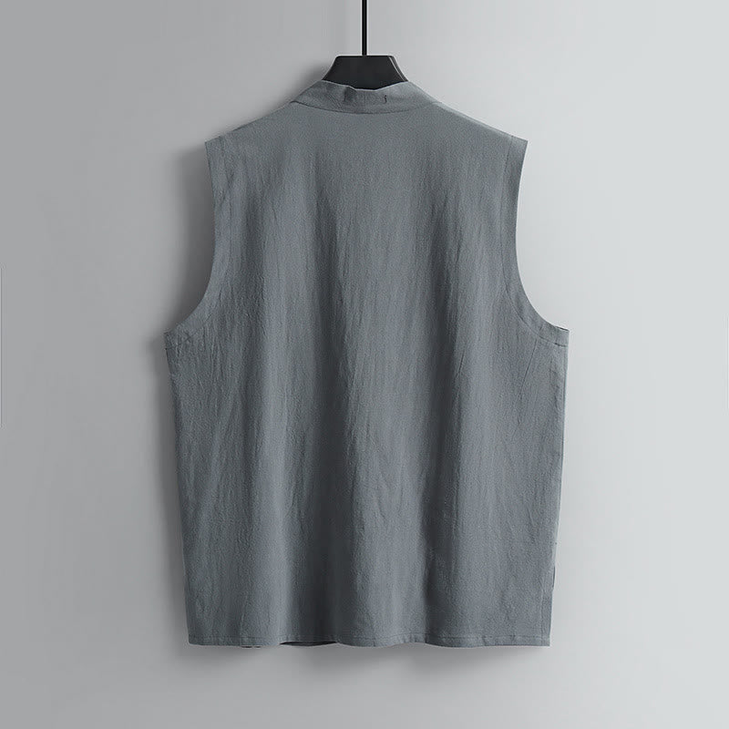 Nimara Ritual Summer Solid Color V-Neck Frog-Button Sleeveless Men's Cotton Linen Vest