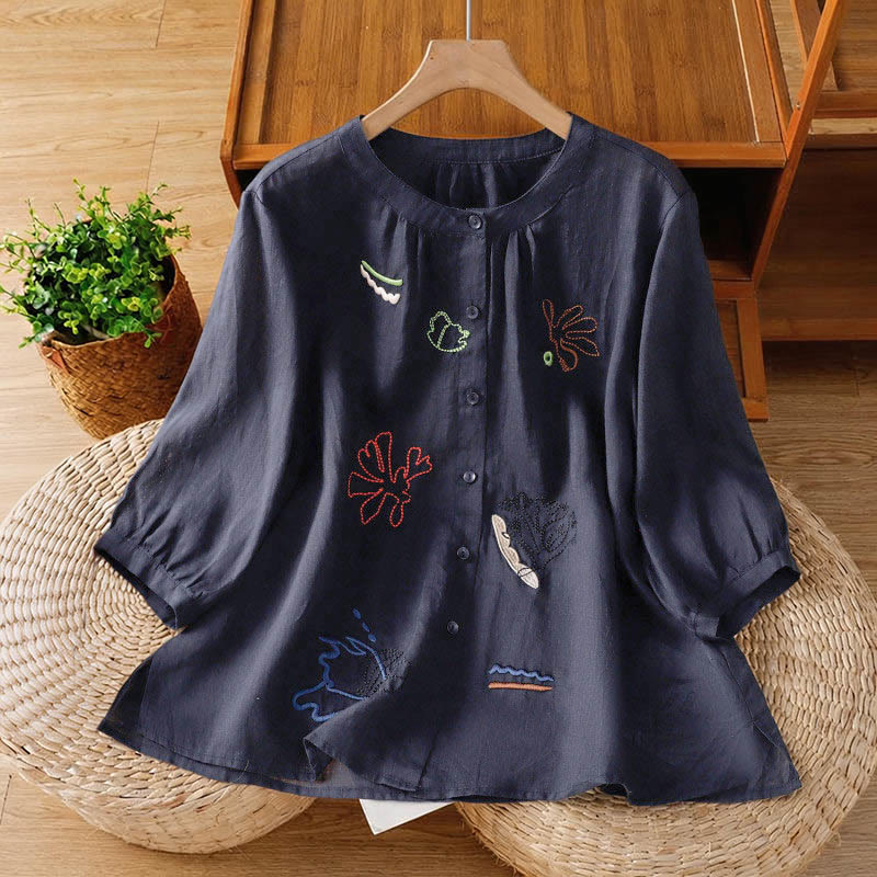 Nimara Ritual Coral Gourd Pattern Crew Neck Half Sleeve Women's Polyester Shirt