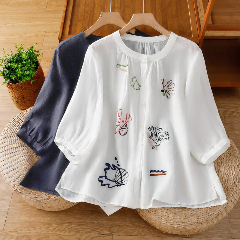 Nimara Ritual Coral Gourd Pattern Crew Neck Half Sleeve Women's Polyester Shirt