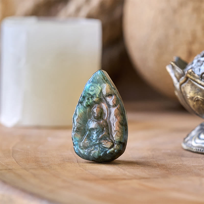 Nimara Ritual Engraving Buddha Natural Labradorite Teardrop Shape Figurine Cure Statue Home Decoration