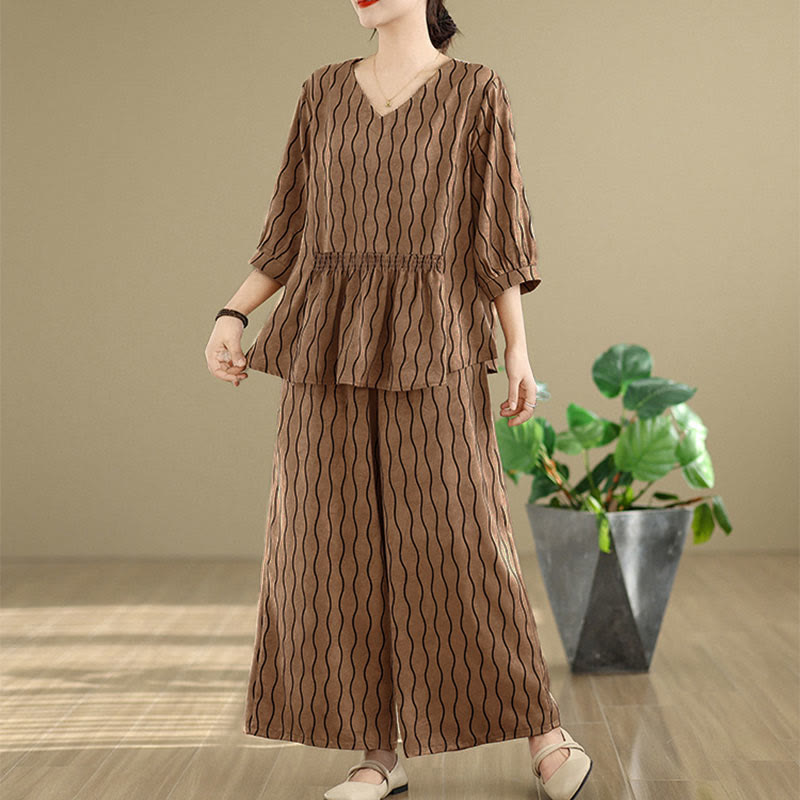 Nimara Ritual 2pcs Striped Pattern Short Sleeve Shirt Polyester 7 Length Harem Pants Set With Pocket