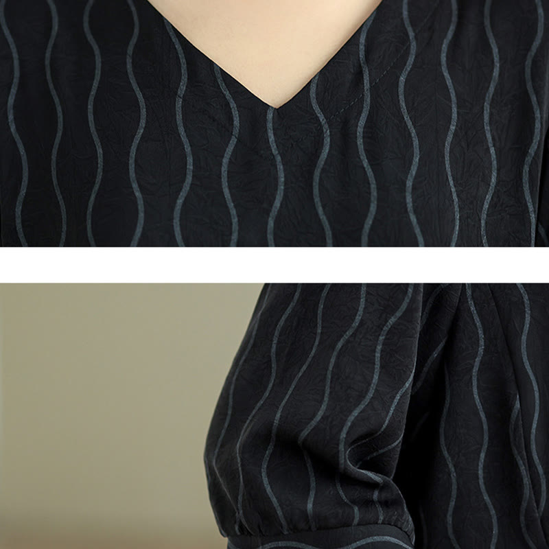 Nimara Ritual 2pcs Striped Pattern Short Sleeve Shirt Polyester 7 Length Harem Pants Set With Pocket