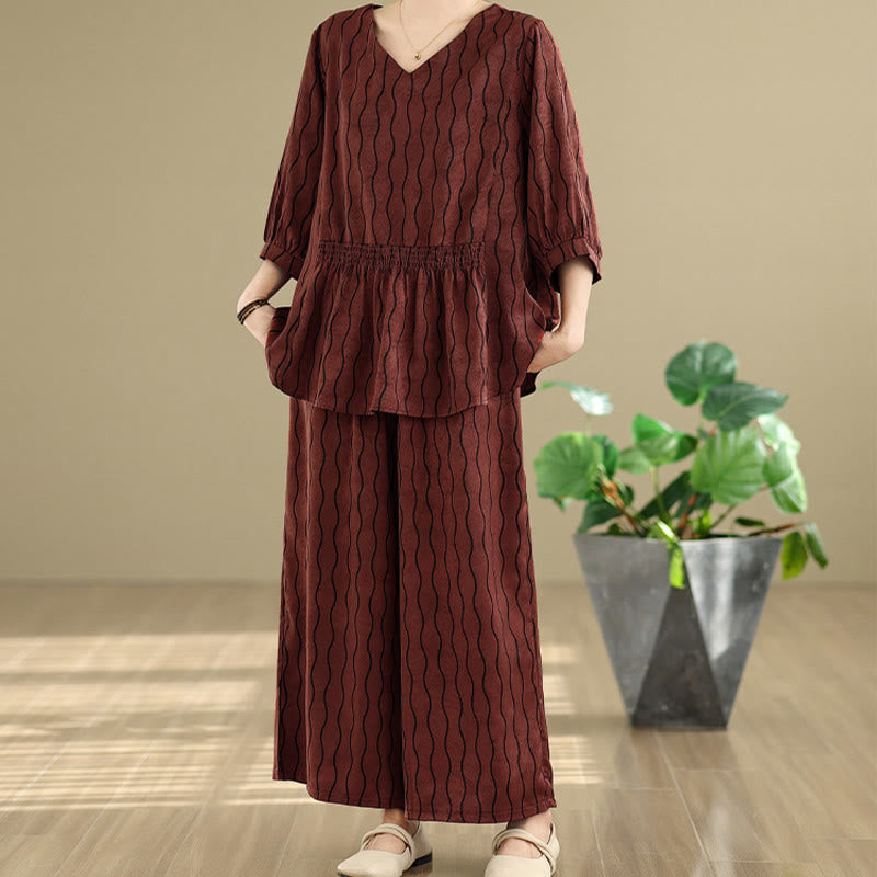 Nimara Ritual 2pcs Striped Pattern Short Sleeve Shirt Polyester 7 Length Harem Pants Set With Pocket