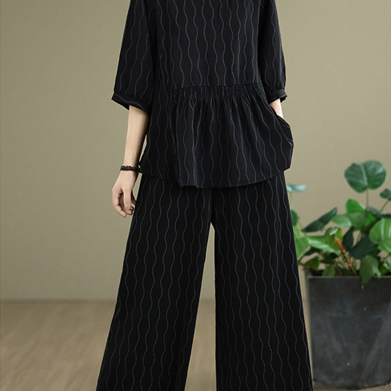 Nimara Ritual 2pcs Striped Pattern Short Sleeve Shirt Polyester 7 Length Harem Pants Set With Pocket