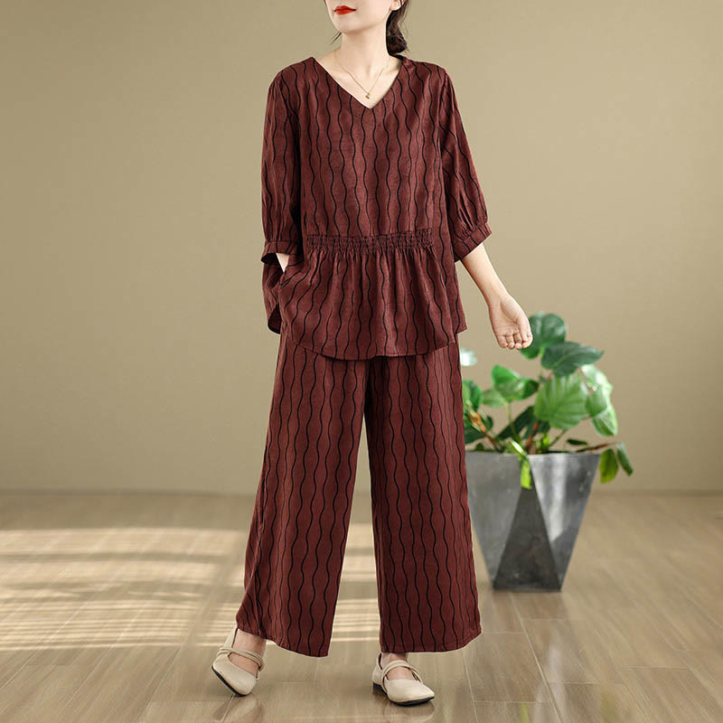 Nimara Ritual 2pcs Striped Pattern Short Sleeve Shirt Polyester 7 Length Harem Pants Set With Pocket