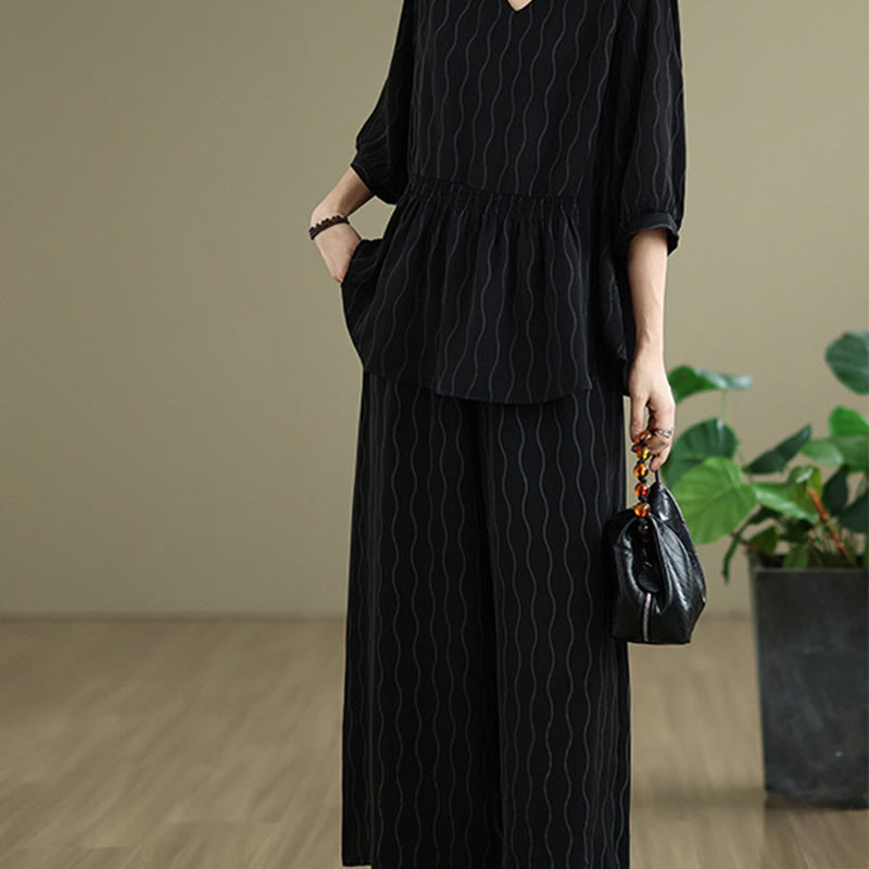 Nimara Ritual 2pcs Striped Pattern Short Sleeve Shirt Polyester 7 Length Harem Pants Set With Pocket
