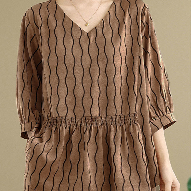 Nimara Ritual 2pcs Striped Pattern Short Sleeve Shirt Polyester 7 Length Harem Pants Set With Pocket