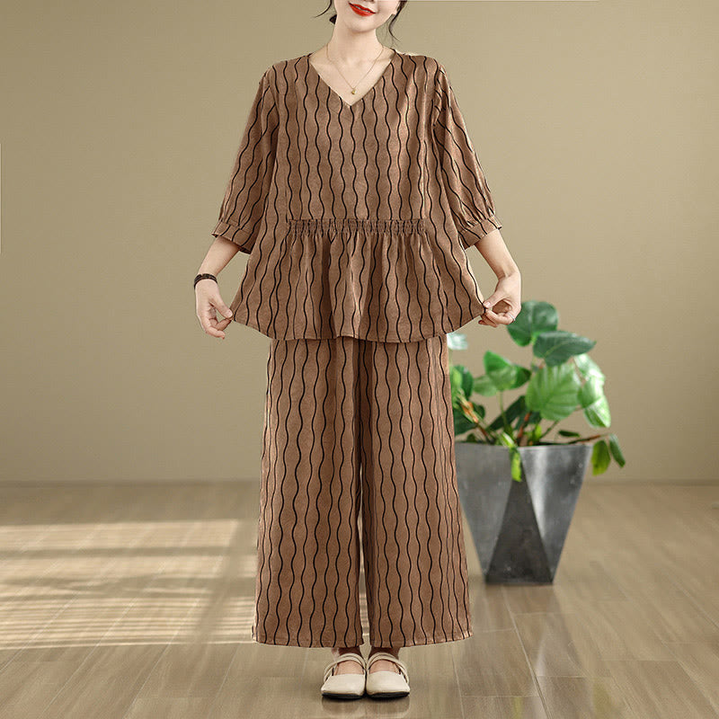 Nimara Ritual 2pcs Striped Pattern Short Sleeve Shirt Polyester 7 Length Harem Pants Set With Pocket