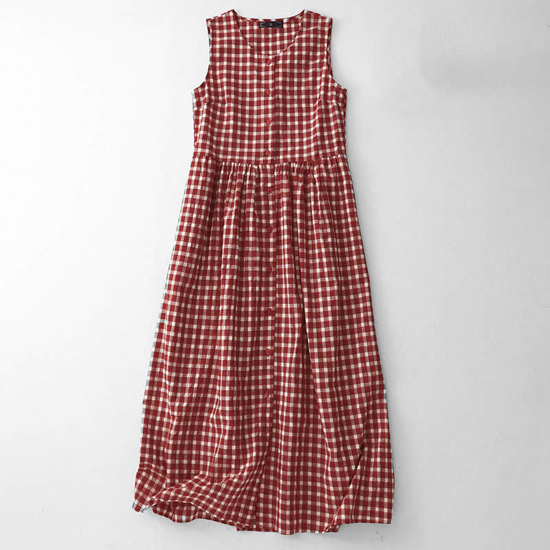 Nimara Ritual Plaid Sleeveless Summer Midi Dress With Pockets