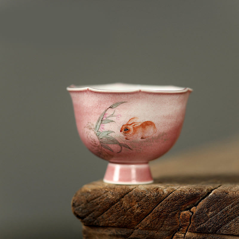Nimara Ritual Hand-painted Rabbit Orchid Flower Begonia Ceramic Teacup Kung Fu Tea Cup 75ml