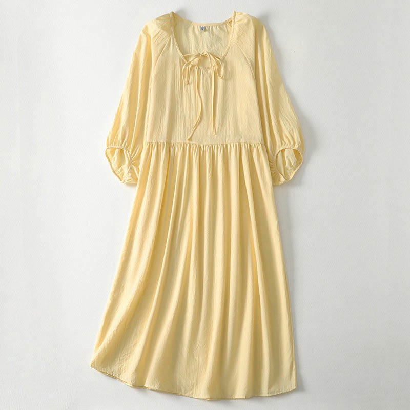 Nimara Ritual Spring Solid Color Lace-up Crew Neck Design Three Quarter Sleeve Women's Midi Dress