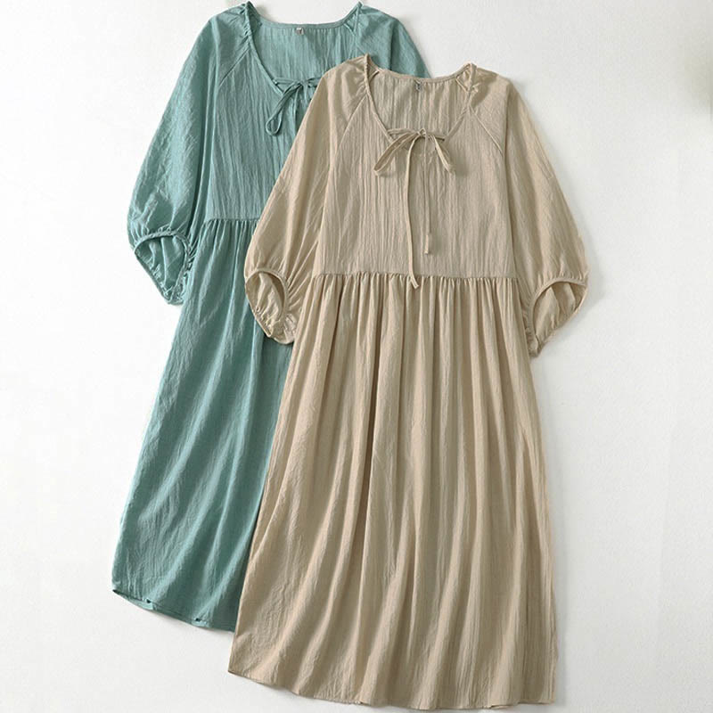 Nimara Ritual Spring Solid Color Lace-up Crew Neck Design Three Quarter Sleeve Women's Midi Dress