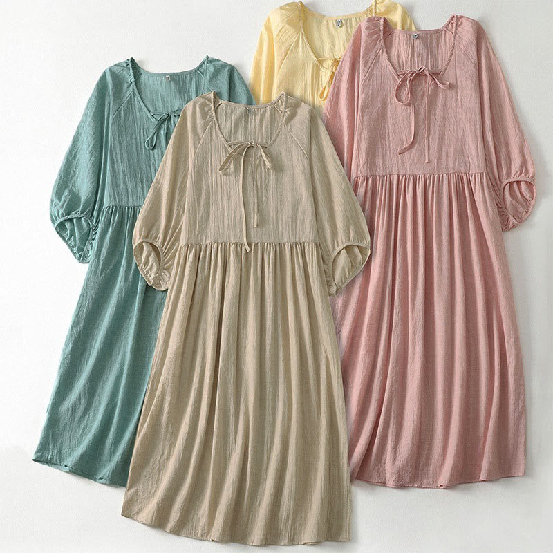 Nimara Ritual Spring Solid Color Lace-up Crew Neck Design Three Quarter Sleeve Women's Midi Dress