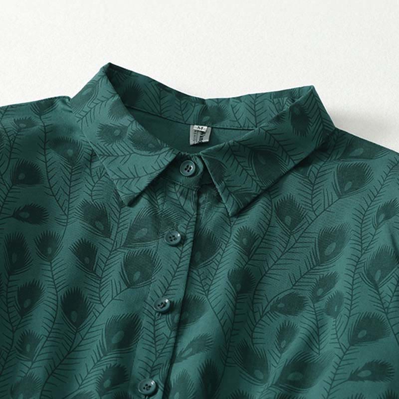 Nimara Ritual Spring Grass Vines Print Buttons Design Long Sleeve Midi Dress With Pockets