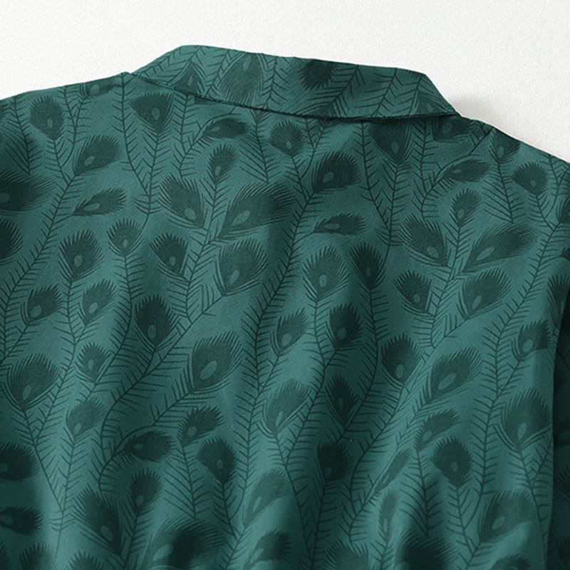 Nimara Ritual Spring Grass Vines Print Buttons Design Long Sleeve Midi Dress With Pockets