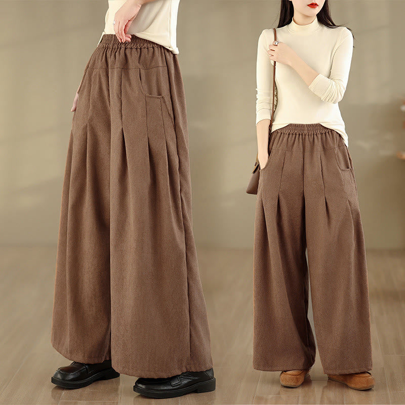 Nimara Ritual Spring Plain Brown Corduroy Women's Wide Leg Pants With Pockets