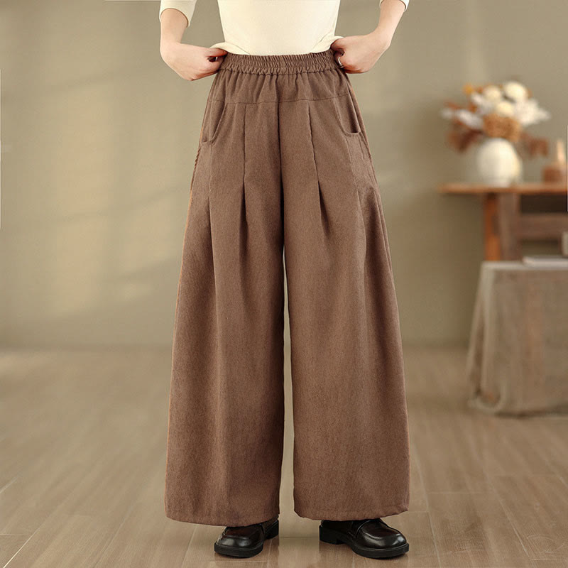 Nimara Ritual Spring Plain Brown Corduroy Women's Wide Leg Pants With Pockets