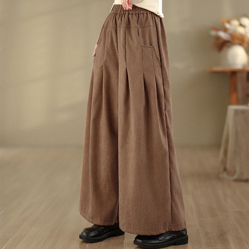 Nimara Ritual Spring Plain Brown Corduroy Women's Wide Leg Pants With Pockets