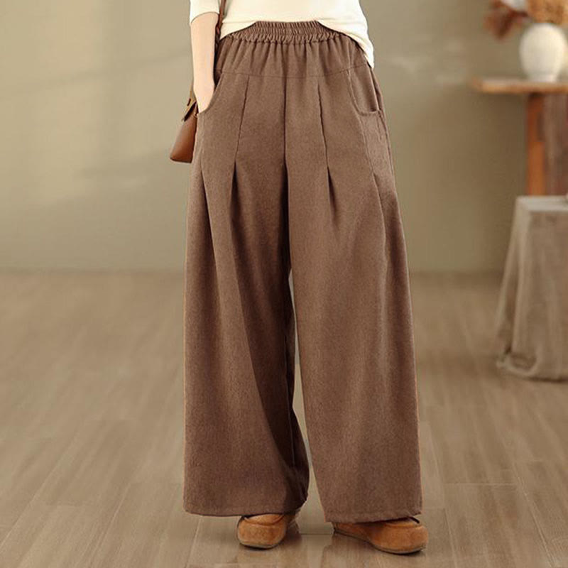 Nimara Ritual Spring Plain Brown Corduroy Women's Wide Leg Pants With Pockets