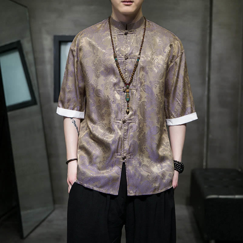 Nimara Ritual Summer Cashew Flowers Pattern Men's Frog-Button Half Sleeve Shirts
