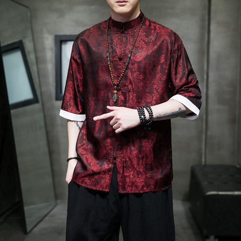 Nimara Ritual Summer Cashew Flowers Pattern Men's Frog-Button Half Sleeve Shirts