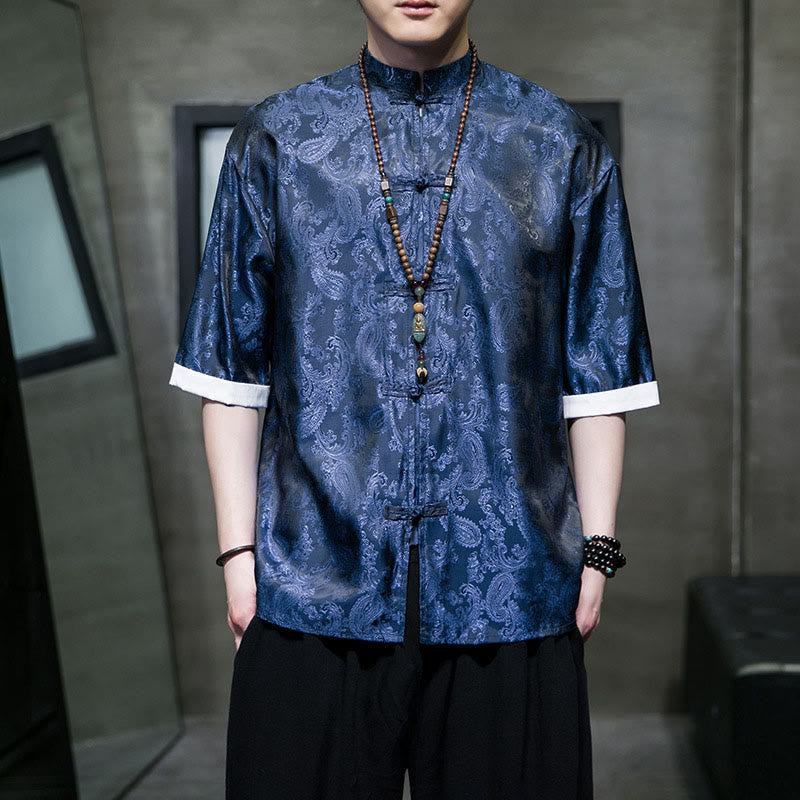 Nimara Ritual Summer Cashew Flowers Pattern Men's Frog-Button Half Sleeve Shirts