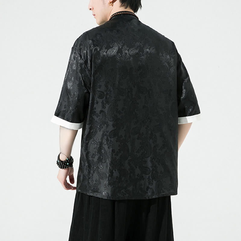 Nimara Ritual Summer Cashew Flowers Pattern Men's Frog-Button Half Sleeve Shirts