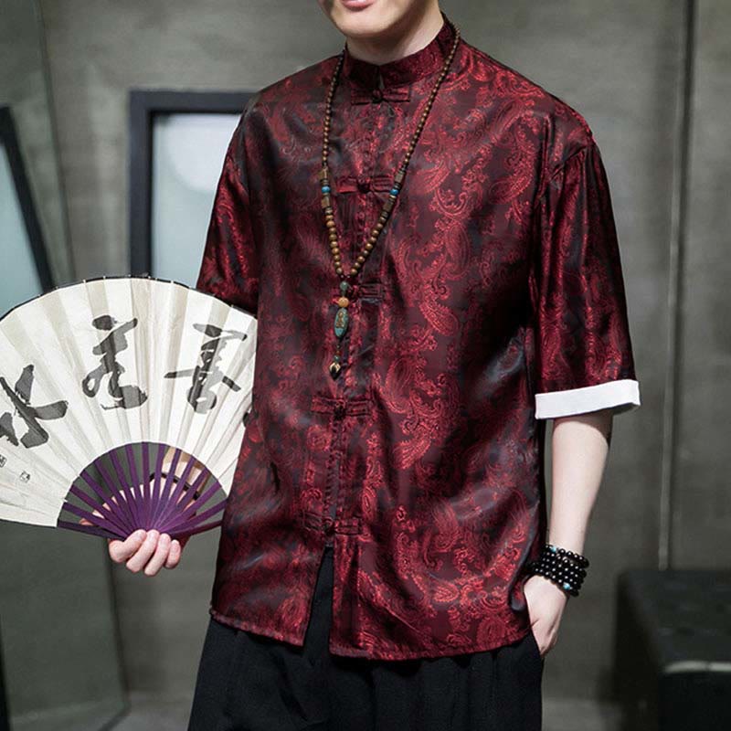 Nimara Ritual Summer Cashew Flowers Pattern Men's Frog-Button Half Sleeve Shirts