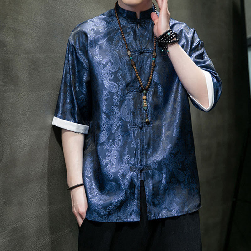 Nimara Ritual Summer Cashew Flowers Pattern Men's Frog-Button Half Sleeve Shirts