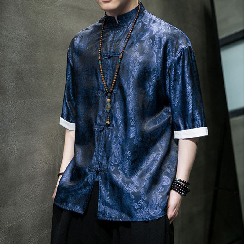 Nimara Ritual Summer Cashew Flowers Pattern Men's Frog-Button Half Sleeve Shirts