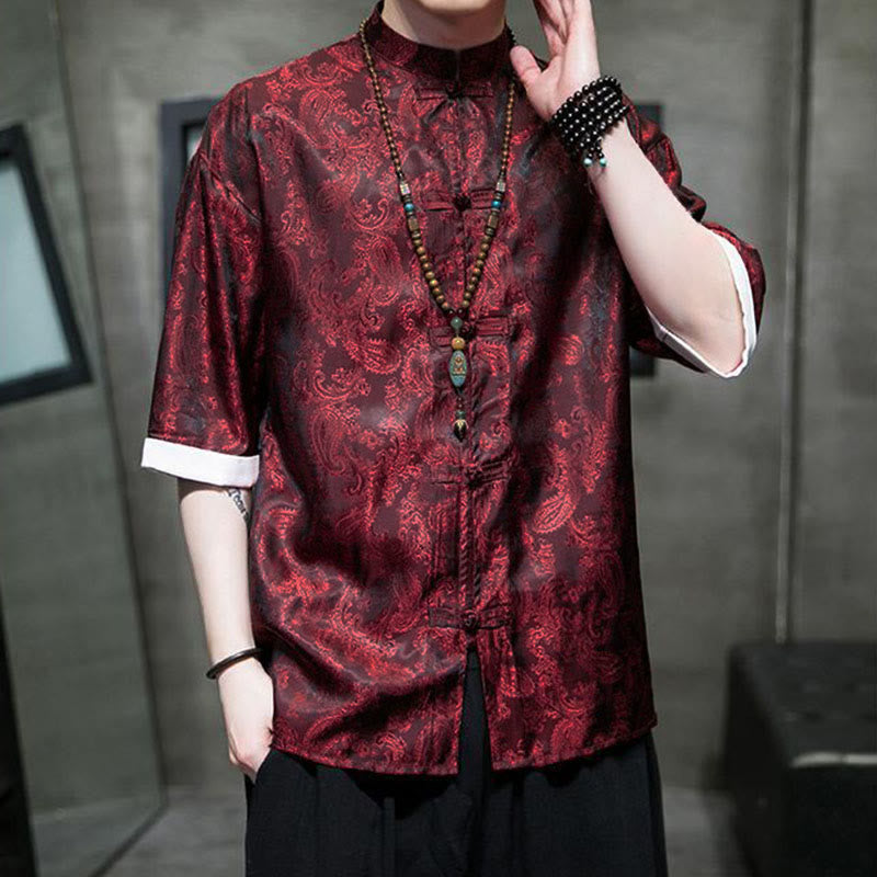 Nimara Ritual Summer Cashew Flowers Pattern Men's Frog-Button Half Sleeve Shirts