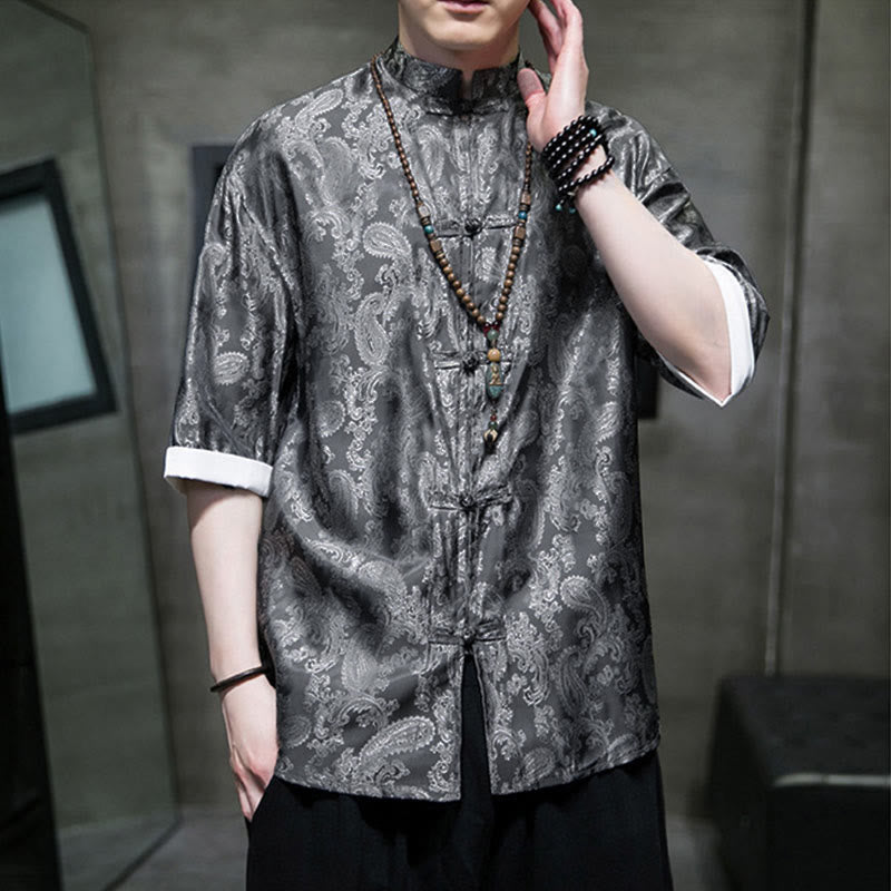Nimara Ritual Summer Cashew Flowers Pattern Men's Frog-Button Half Sleeve Shirts