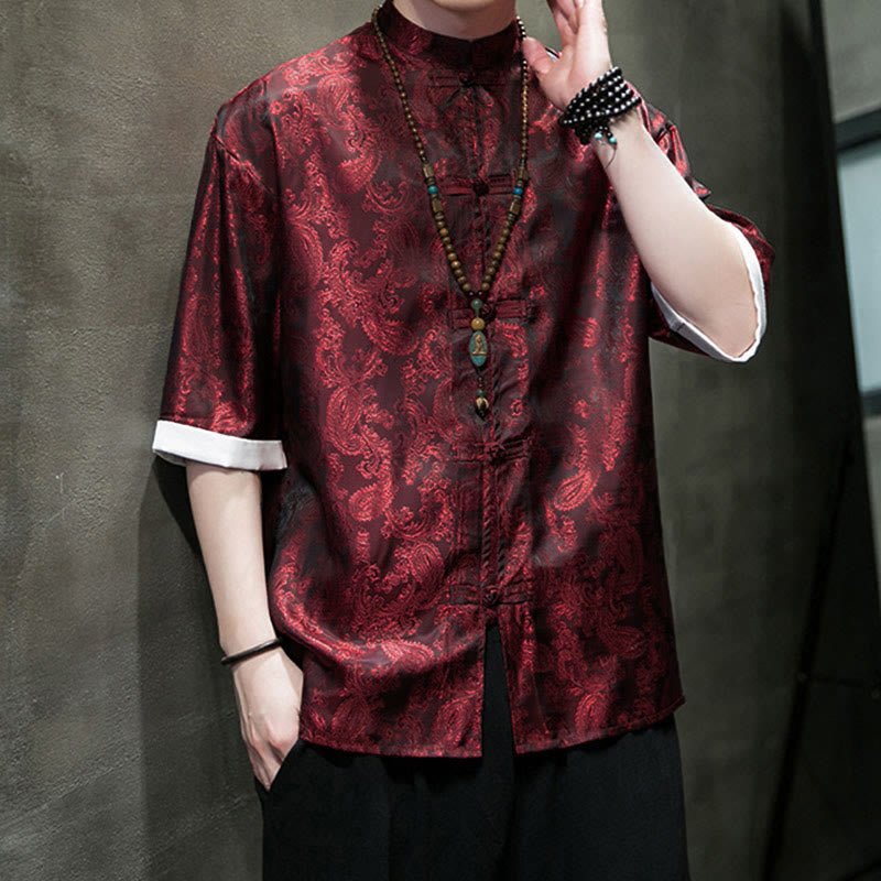 Nimara Ritual Summer Cashew Flowers Pattern Men's Frog-Button Half Sleeve Shirts