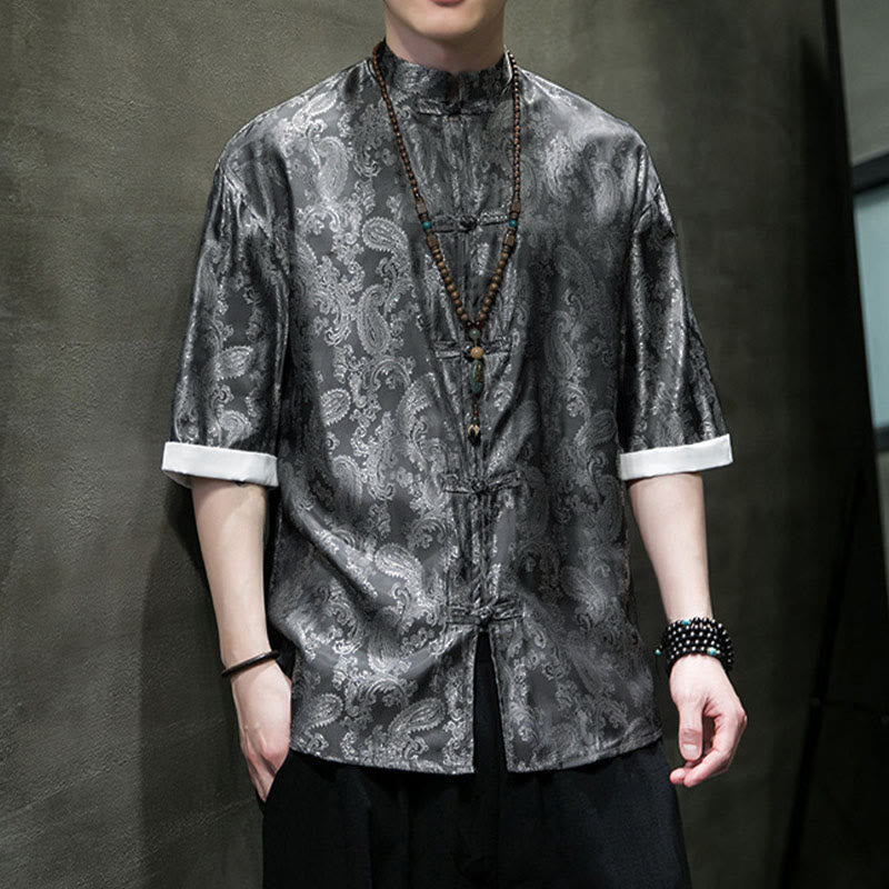 Nimara Ritual Summer Cashew Flowers Pattern Men's Frog-Button Half Sleeve Shirts