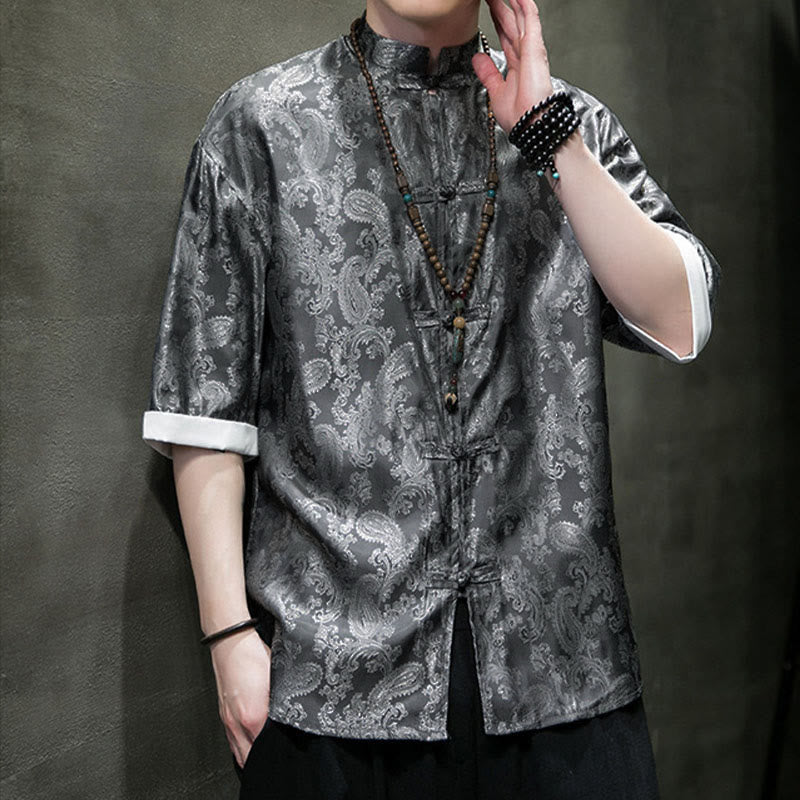 Nimara Ritual Summer Cashew Flowers Pattern Men's Frog-Button Half Sleeve Shirts