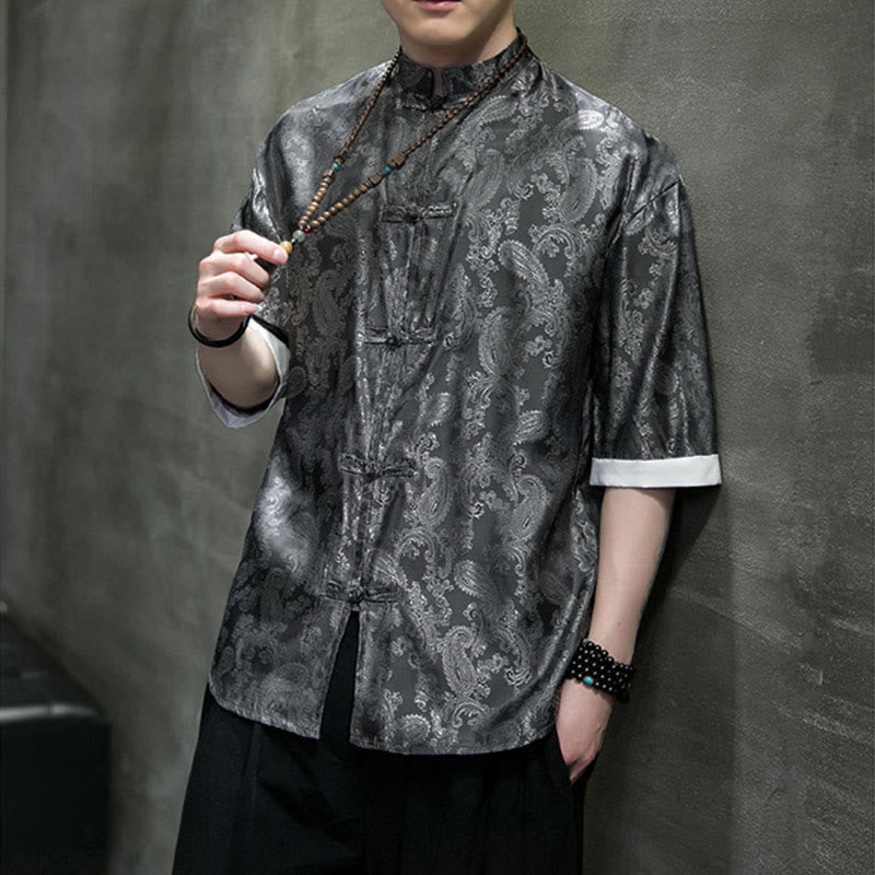 Nimara Ritual Summer Cashew Flowers Pattern Men's Frog-Button Half Sleeve Shirts
