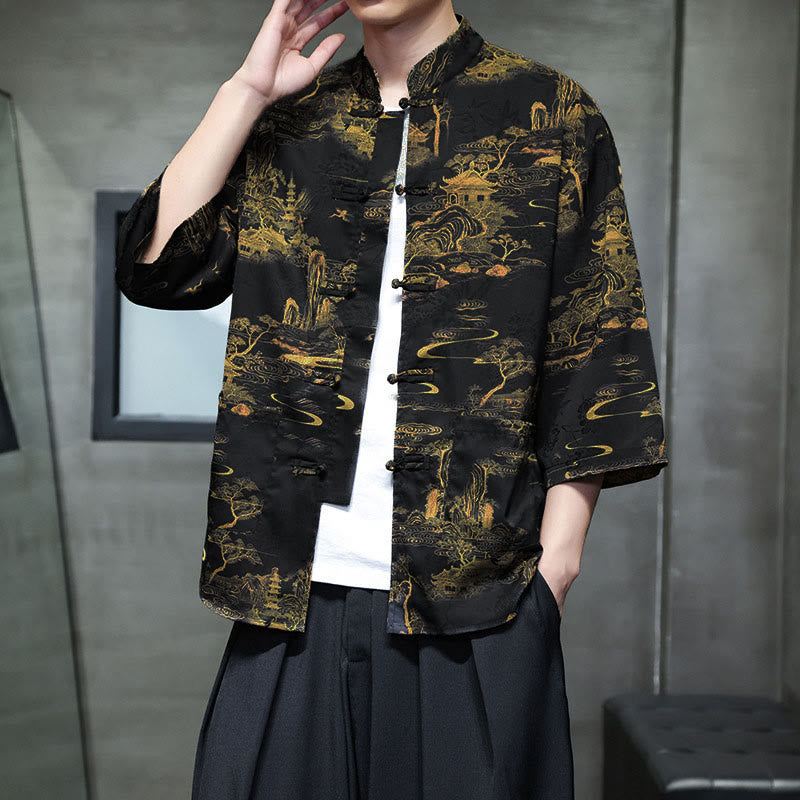Nimara Ritual Spring Frog-Button Dragon Mountain Flower Three Quarter Sleeve Tang Suit Men's Shirt With Pockets
