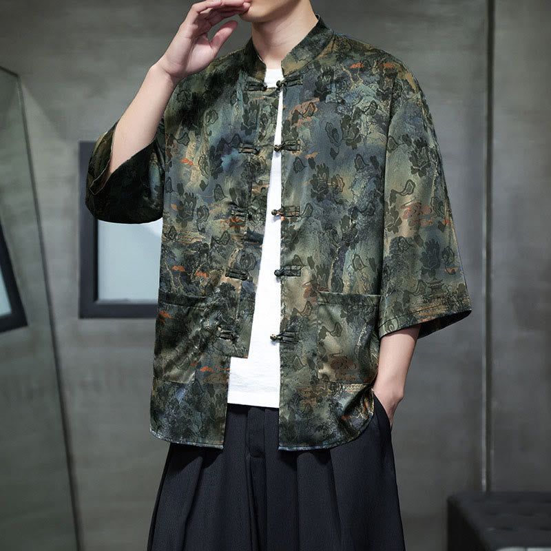 Nimara Ritual Spring Frog-Button Dragon Mountain Flower Three Quarter Sleeve Tang Suit Men's Shirt With Pockets
