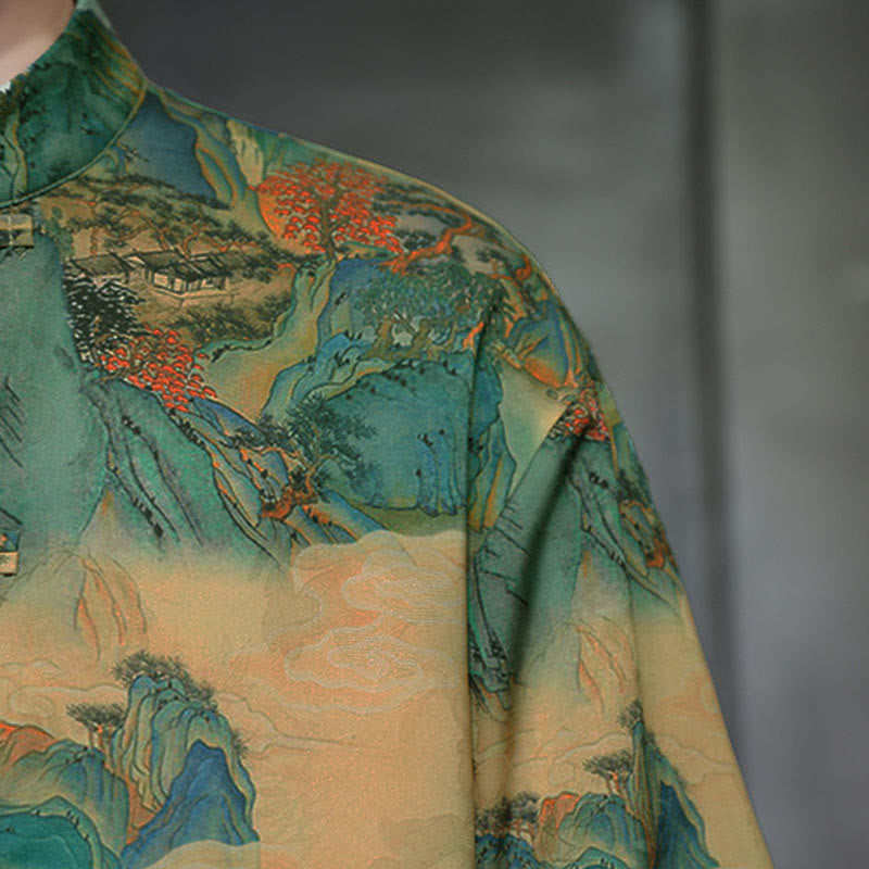 Nimara Ritual Spring Frog-Button Dragon Mountain Flower Three Quarter Sleeve Tang Suit Men's Shirt With Pockets