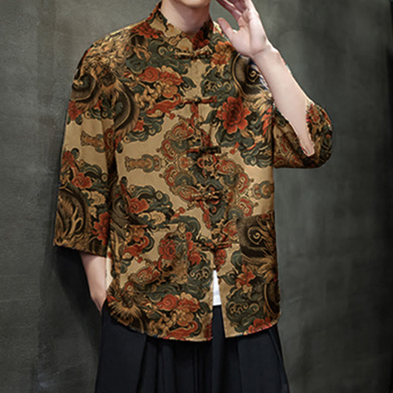Nimara Ritual Spring Frog-Button Dragon Mountain Flower Three Quarter Sleeve Tang Suit Men's Shirt With Pockets