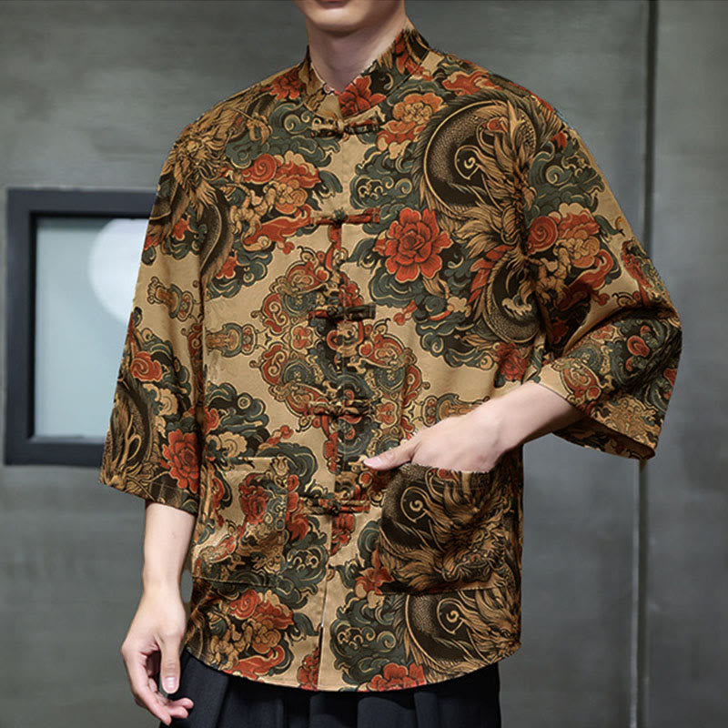 Nimara Ritual Spring Frog-Button Dragon Mountain Flower Three Quarter Sleeve Tang Suit Men's Shirt With Pockets