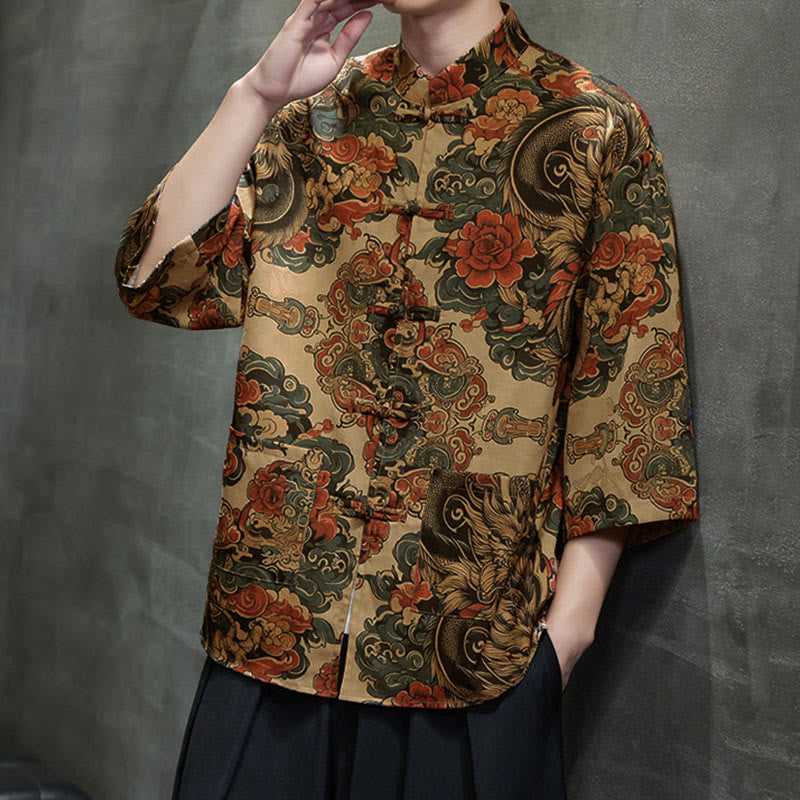Nimara Ritual Spring Frog-Button Dragon Mountain Flower Three Quarter Sleeve Tang Suit Men's Shirt With Pockets