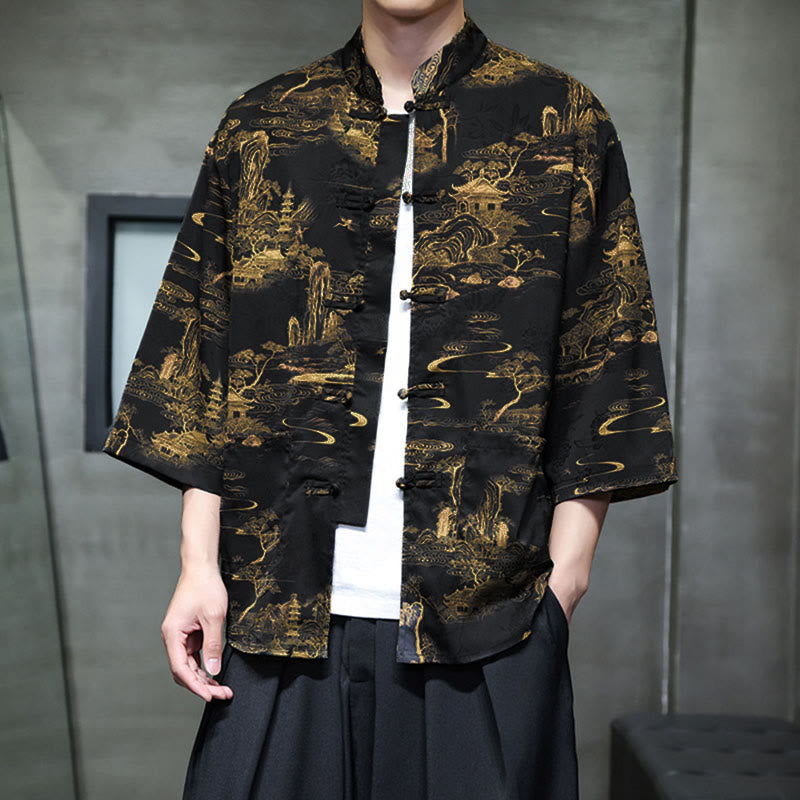 Nimara Ritual Spring Frog-Button Dragon Mountain Flower Three Quarter Sleeve Tang Suit Men's Shirt With Pockets